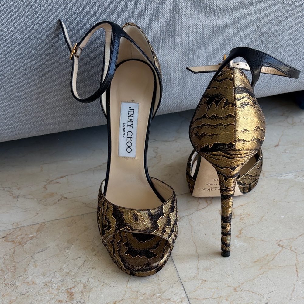 Jimmy Choo Black and Gold Patterned Heels